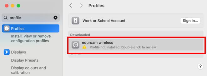 macOS - display of of profiles setting with a highlighted area to select eduroam wireless